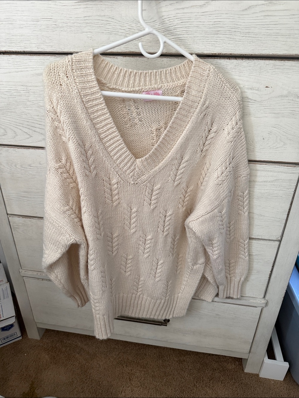 Pink Lily Cream V-Neck Cable Knit Sweater